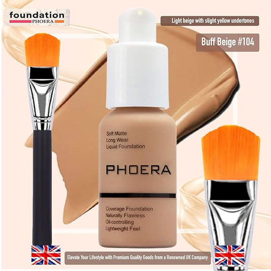 Phoera Foundation Set with Makeup Brush - Matte Cream Foundation Kit with 104 (Buff Beige) Shade & Applicator - Full Coverage Concealer - 24hr Oil Control - 30ml