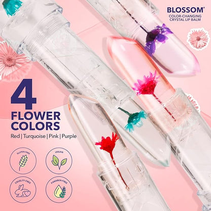 Blossom Moisturizing Scented pH Color Changing Crystal Lip Balm, Strawberry Scented Lip Stain Tint, Infused with Real Flowers, 3 pk, Turquoise/Pink/Purple