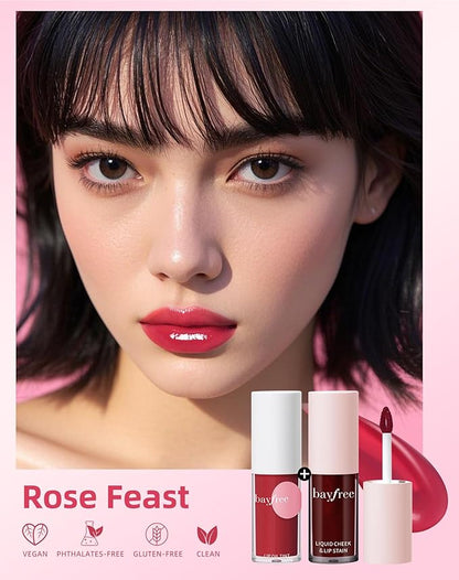 Tinted Lip Oil & Lip Stain Set, Korean Makeup, Smudge-Proof,Long-Wearing, 2-in-1 Cheek and Lip Tint with Moisturizing, High-Shine, Lightweight & Non-Sticky for Dry Lips, Cruelty-Free & Vegan