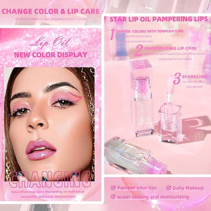 Magic Color Changing Lip Oil Ph, Glitter Lip Gloss, Upgraded Big Brush Head Moisturizing Long Lasting Nourishing Lip Glow Oil Non-Sticky Primer Lip Tint (# 05, 0.3 Oz)