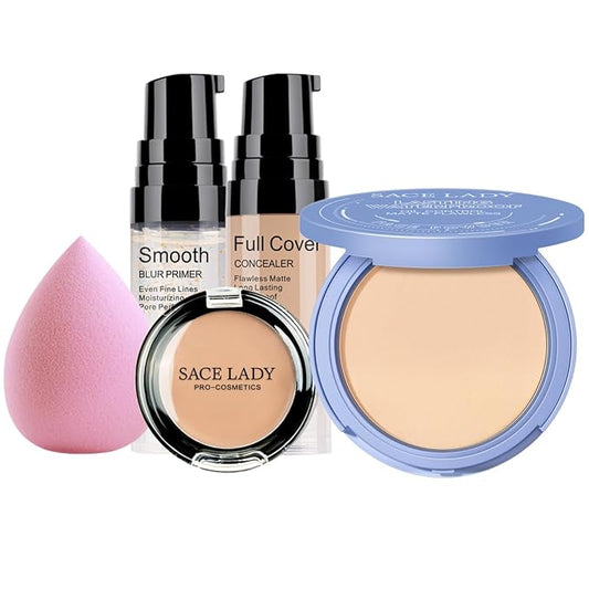 SACE LADY Face Setting Powder & Full Cover Foundation Concealer & Smooth Primer & Sponge, Waterproof Last Poreless Blurring Undereye Makeup Set 5Pcs
