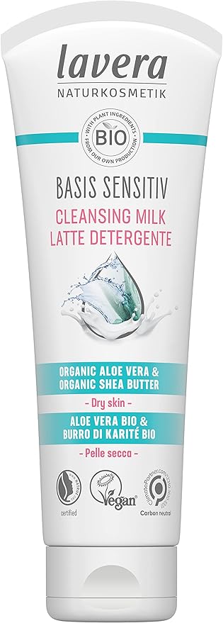 lavera Basis Sensitive Cleansing Milk - Facial Cleanser with Aloe Vera & Shea Butter for Soft Skin - Make Up Remover - Face Wash - PETA Certified - Vegan - Made in Germany - 4.3 Fl Oz