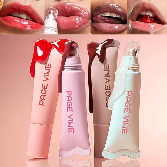 4 Colors Hydrating Jelly Lip Gloss, Moisturizing Tinted Lip Balm, Long Lasting Waterproof Non-Stick Cup Lip Glaze Set, High Shine Mirror Liquid Lipsticks Brighten Plumping Lipstick