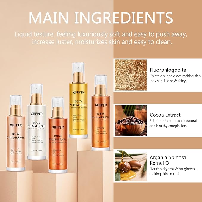 Body Shimmer Oil, Golden Brown Body Luminizer Face Brighten Highlighter Liquid Illuminator with Makeup Brush, Long Lasting Moisturizing Body Glitter Oil for Makeup (3.38 Fl Oz/#04)