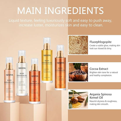 Body Shimmer Oil, Golden Brown Body Luminizer Face Brighten Highlighter Liquid Illuminator with Makeup Brush, Long Lasting Moisturizing Body Glitter Oil for Makeup (3.38 Fl Oz/#04)