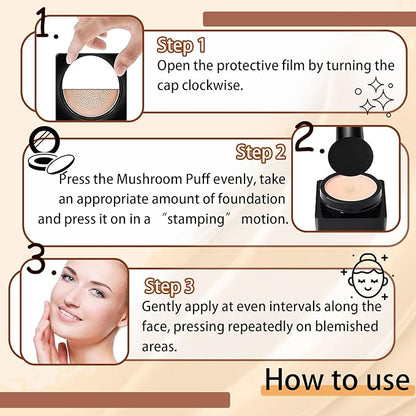 2P Mushroom Head Air Cushion CC Cream Foundation,Moisturizing Non-Greasy BB Cream and Makeup Sponge,Longlasting Matte Concealer Full Coverage Face Makeup Liquid Foundation for All Skin Types(Natural)A