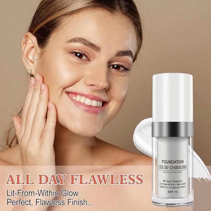 Color Changing Foundation, 2Pcs Base Makeup Foundation Color Changing with Moisturizing, Oil Control and SPF15, Full Coverage Concealer Hides Wrinkles & Lines