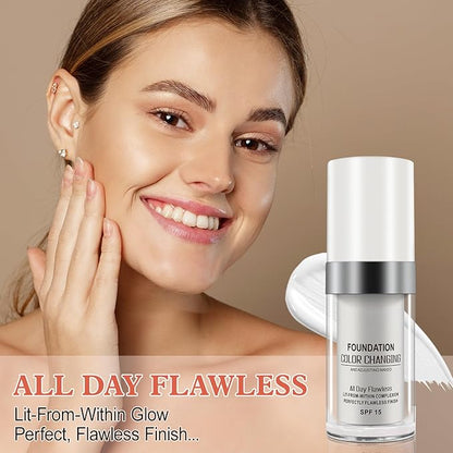 Color Changing Foundation, 2Pcs Base Makeup Foundation Color Changing with Moisturizing, Oil Control and SPF15, Full Coverage Concealer Hides Wrinkles & Lines