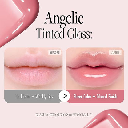 Glasting Color Gloss - K Beauty High Shine Long Lasting Lip Makeup - Non-Drying & Moisturizing - Lightweight Tinted Lip Gloss with Jojoba Oil 0.15 oz (#01 Peony Ballet)