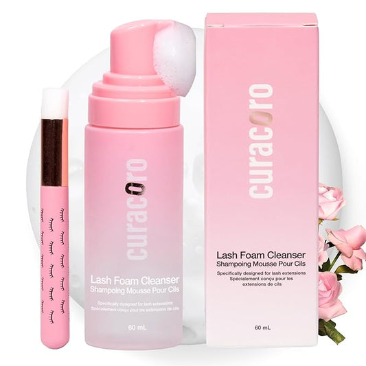 CURACORO 60ML Eyelash Extension Cleanser (Rose Scented) - Lash Shampoo for Lash Extensions, Eyelash Extension Foam Cleanser for Sensitive Skin, Removes Waterproof Makeup for Professional & Home Use