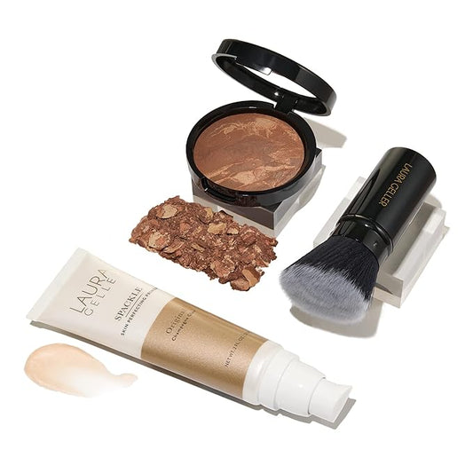 LAURA GELLER NEW YORK Everyday Routine Kit - Baked Balance-N-Brighten Color Correcting Powder Foundation, Toffee + Retractable Angled Kabuki + Spackle Makeup Primer, Champagne Glow (3 PC)