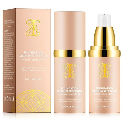 Colour Changing Foundation Liquid 4 in 1, Oil-free BB Cream Makeup, Hydrating Longwearing & Waterproof Concealer, SPF 50+ Makeup Base Nude Face, Foundation Medium Spectrum for all Skin(2PCS)