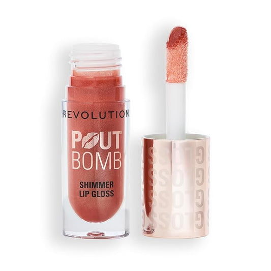 Revolution, Pout Bomb Shimmer Gloss, High-Shine Lip Gloss & Shimmer for Glossy Lips with Hyaluronic Acid & Sweet Vanilla Scent, Nude Glow, 0.15 Oz