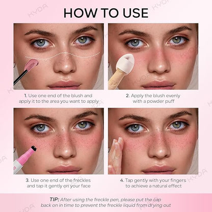 KYDA Freckle Blush Pen, Light Brown Liquid Freckle + Soft Pink Blush Duo, Lasting Freckles Colors for Summer Sunkissed-look, Natural Lifelike Freckles Pen