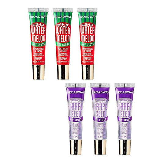 Ruby Kisses Broadway Vita-Lip Tinted & Clear Lip Gloss Set (6 Pack) Ultra-Hydrating & Soothing Formula with Vitamins, High-Shine Non-Sticky Finish Lip Balm, 3 Pcs Watermelon + 3 Pcs Grape Seed