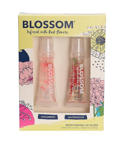 Blossom Scented Moisturizing Lip Gloss Tubes, Infused with Real Flowers, 0.6 fl. oz/18ml, 2 pack Full Size Gift Set, Strawberry/Watermelon