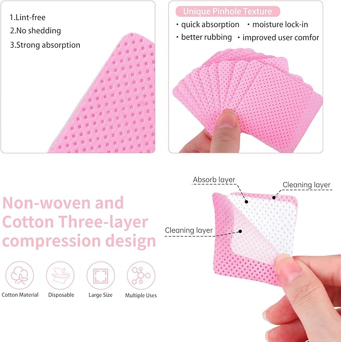 200 Pieces Nail Cotton Pads,1 Pull-Down Pump Dispenser Bottle, Super Absorbent Soft Non-Woven Eyelash Glue Wipes, Nail Polish dehumidifier for Eyelash Extension Products and Nail Oil Bottle (Pink)