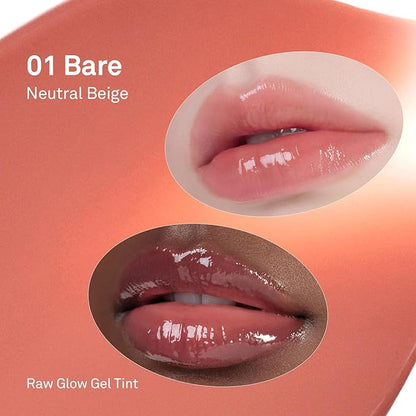 HINCE Raw Glow Gel Tint - Glossy Dewy Lip Tint, Non-Sticky & Long Wearing Lip Gloss for Natural Glass Glow, Moisturizing Liquid Lipstick, Vegan, 0.13 fl.oz. (BARE, 01)