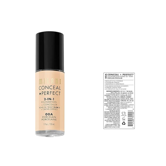 Milani Conceal + Perfect 2-in-1 Foundation + Concealer (1 Fl. Oz.) Liquid Foundation - Cover Under-Eye Circles, Blemishes & Skin Discoloration for a Flawless Complexion (Porcelain)
