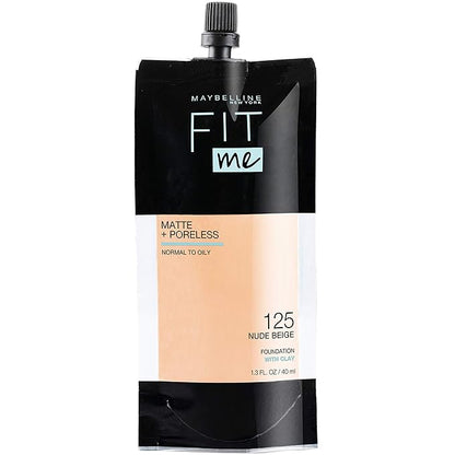 Maybelline New York Fit Me Matte + Poreless Liquid Foundation, Pouch Format, 125 Nude Beige, 1.3 Ounce