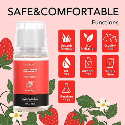 Eyelash Cleanser Concentrate 60ml Strawberry Professional Lash Shampoo Foaming Cleanser DIY Paraben & Sulfate Free Non-lrritating Wash for Extensions Lashes with Salon Home Care-Makes 6 Bottles