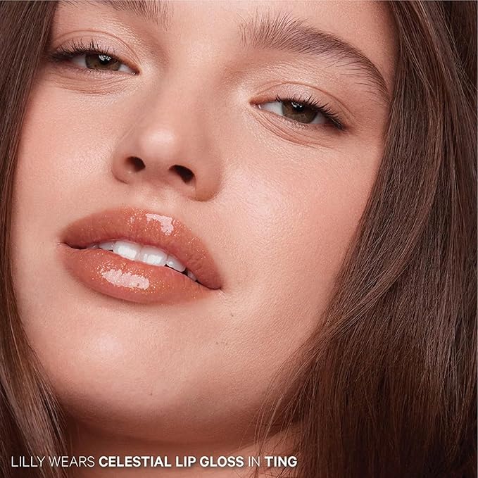 Kevyn Aucoin Celestial Lip Gloss, Ting (shimmery nude brown): Light reflecting shine & sheer. Precision makeup artist applicator. Hydrating, non-stick formula. Multi-dimensional 3D plumping effect.