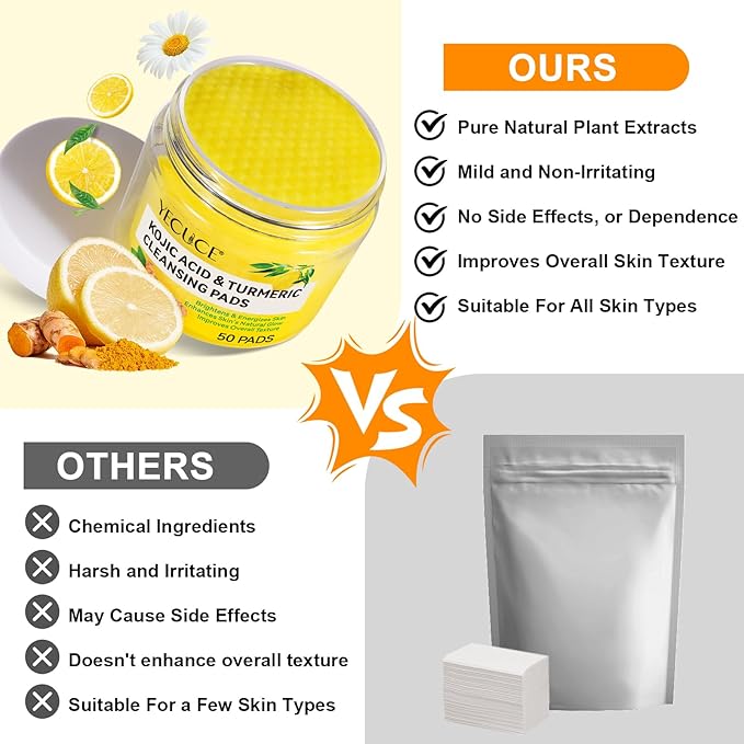 Turmeric Cleansing Pads, 50PCS Kojic Acid and Turmeric Cleansing Pads, Face Pads with Vitamin B5、Vitamin C 、Turmeric ，Remove Excess Keratin Balance Skin Oil And Water for Women