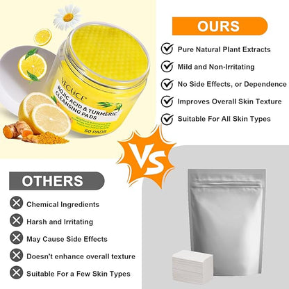 Turmeric Cleansing Pads, 50PCS Kojic Acid and Turmeric Cleansing Pads, Face Pads with Vitamin B5、Vitamin C 、Turmeric ，Remove Excess Keratin Balance Skin Oil And Water for Women