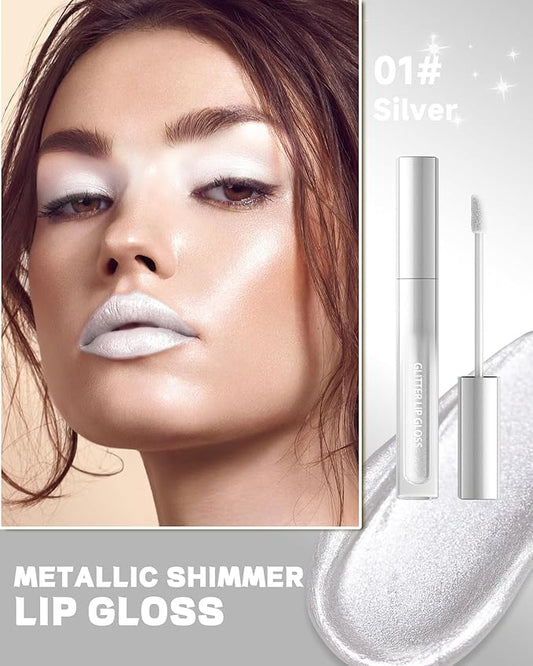 Silver Metallic Liquid Lipstick, Non-Stick Cup Glitter Lip Gloss, High Pigmented Lip Color with Transfer-proof Wear, Long Lasting Waterproof Shimmer Sparkly Lipstick Cosplay Makeup for Women-01