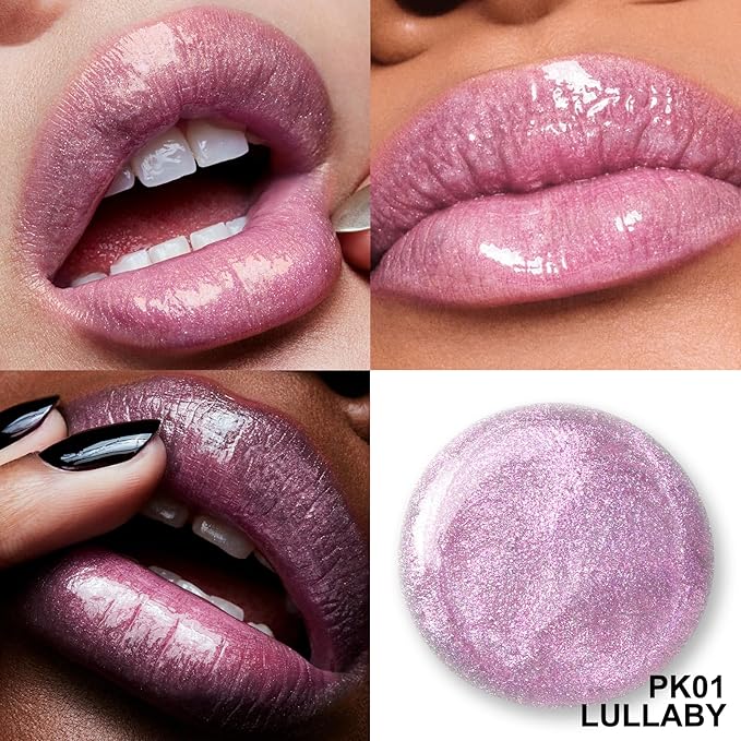 FOCALLURE High Shine Glitter Lip Gloss,Hydrates and Soothes Lips for a Gorgeous,Delivers a Non-sticky Glossy finish,Long-lasting Shine & Fuller-looking Lip Makeup,PK01 LULLABY