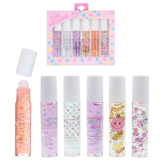 EXPRESSIONS 6pc Lip Gloss Set - High Shine Confetti Lip Gloss Tubes w/Rollerball Applicator Tips | Hydrating Roll On Lip Gloss, Safe and Non-Toxic Lip Gloss Gift Set For Girls (KEEP SMILING)