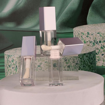 COSIDEA 24pcs 5ml Empty square Holigraphic silver lipgloss tubes bulk wholesale with big wand lipgloss containers large doe foot tube