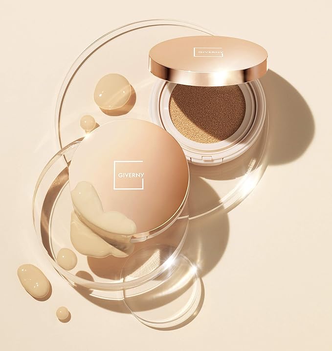 GIVERNY Milchak Cover Foundation Cushion with Refill #21 Light Beige - Moist Finish for All Skin Types - Flawless Coverage Face Makeup - Lightweight Formula for Satin Glass Texture, 0.4oz x 2