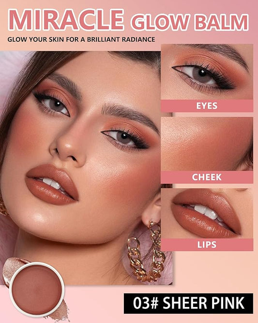 Miracle Glow Balm - Hydrating Tinted Cream Blush, Multi-Use Glow Face Balm Makeup for Cheek & Eye & Lip Tint, Creamy Lightweight Blendable Shimmer Blusher, Radiant Skin Finish, 03# Sheer Pink