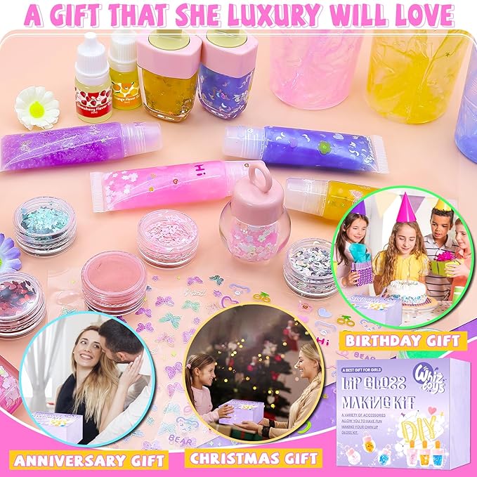DIY Lip Gloss Making Kit 74 PCS, Purple Kids Lip Gloss Supplies Set Beginner, Fun Craft Set Moisturizing Base, Birthday Gift for Girls, Kids, Teenagers, Women