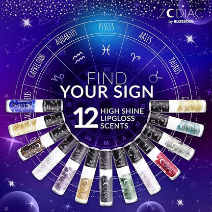 Blossom Lip Gloss Zodiac Sign Vanilla Scented Roll-On Lip Gloss, Moisturizing + Hydrating with Zodiac Crystals, Made in USA, 0.20oz, Pisces