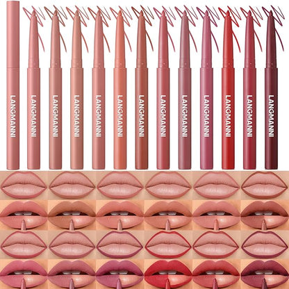 LANGMANNI 12 Colors Sculpting Matte Velvet Lip Liner Set,Smooth Creamy Texture,Waterproof And High Pigmented For Girls Daily Application Lip Makeup