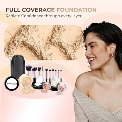 16pc STARTER KIT with 10 BRUSHES SET (FAIR 2) Mineral Makeup Bare Face Loose Powder Includes Matte Foundation, Veil Primer, Blush, Bronzer, Translucent Finishing Setting Powder SPF 30 Travel Size