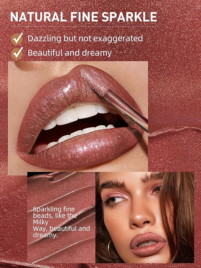 Diamond Matte Nude Lip Gloss, Glitter Metallic Liquid Lipstick Glitter Shimmer Lip Glaze, Shimmery Finish, High Pigment Long Lasting Lip Gloss Tint Christmas Party Makeup (#03)