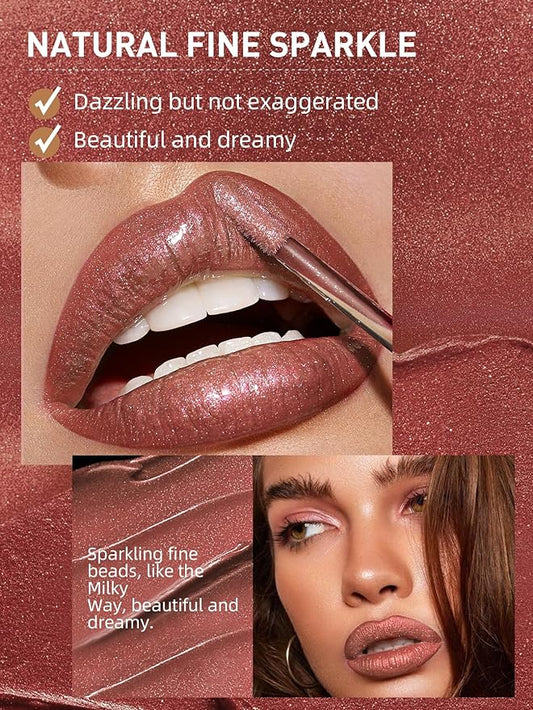 Diamond Matte Nude Lip Gloss, Glitter Metallic Liquid Lipstick Glitter Shimmer Lip Glaze, Shimmery Finish, High Pigment Long Lasting Lip Gloss Tint Christmas Party Makeup (#03)