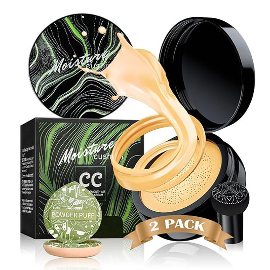 Mushroom Head Air Cushion CC Cream 2PCS Set - BB Cream Face Makeup Foundation with Power Puff for Mature Skin Moisturizing Concealer Brighten Long-Lasting, Skin Tone for All Skin Types (Buff Beige)
