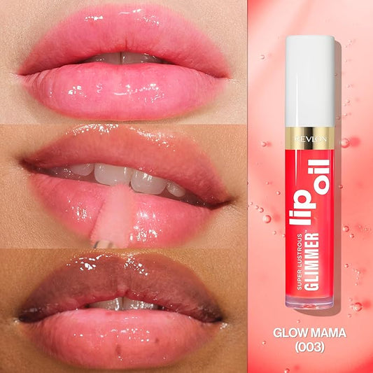 REVLON Super Lustrous Glimmer Lip Oil, Moisturizing & Tinted, Shiny Finish, Made with Plant-Based Squalane, 003 Glow Mama, 0.13 fl oz