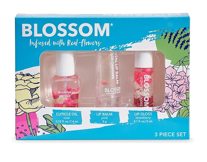 Blossom Hydrating, Moisturizing Scented Cuticle Oil, Scented pH Color Change Lip Balm, Roll on Lip Gloss, Infused with Real Flowers, 0.7 fl. oz/15mL, 3 Pack Gift Set, Rose/Pink/Strawberry
