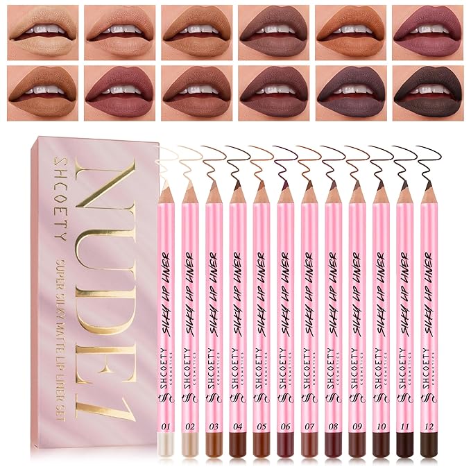 Shcoety 12-piece Nude Lip Line Set, Natural Lip Kit, Smooth Matte Lipstick Pencil (12 color, Set C)