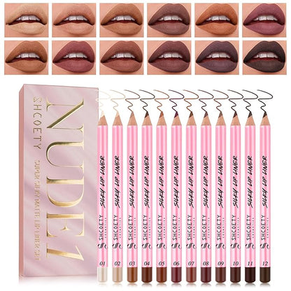 Shcoety 12-piece Nude Lip Line Set, Natural Lip Kit, Smooth Matte Lipstick Pencil (12 color, Set C)