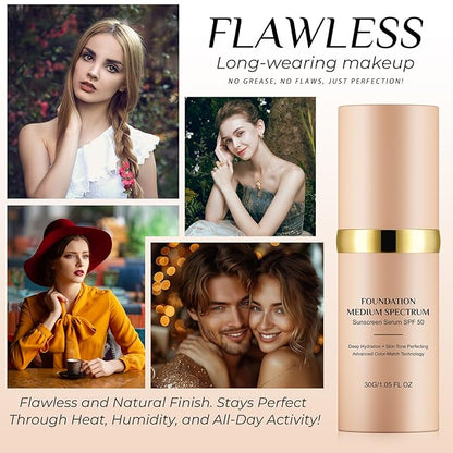 Foundation 4 in 1 - Medium Spectrum with SPF 50+, Anti-Aging, Concealer, Sun Protection, Hydrating Color Changing Foundation Makeup Liquid - Longwearing & Waterproof for Sport, Dancing (1PC, 30ml)