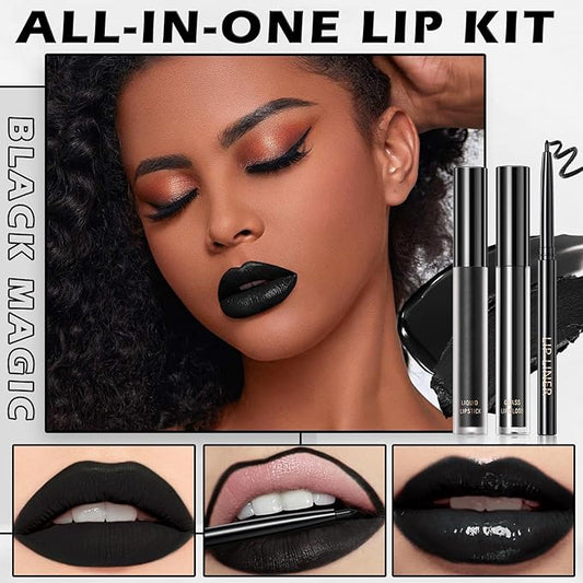 Black Lipstick and Lip Liner Set Lip Kit,3 in 1 Velvet Black Lipstick Halloween Matte Black Liquid Lipstick Lip Gloss with Black Lip Pencil,Hydrating Lip Stain Lip Makeup（Black Magic）