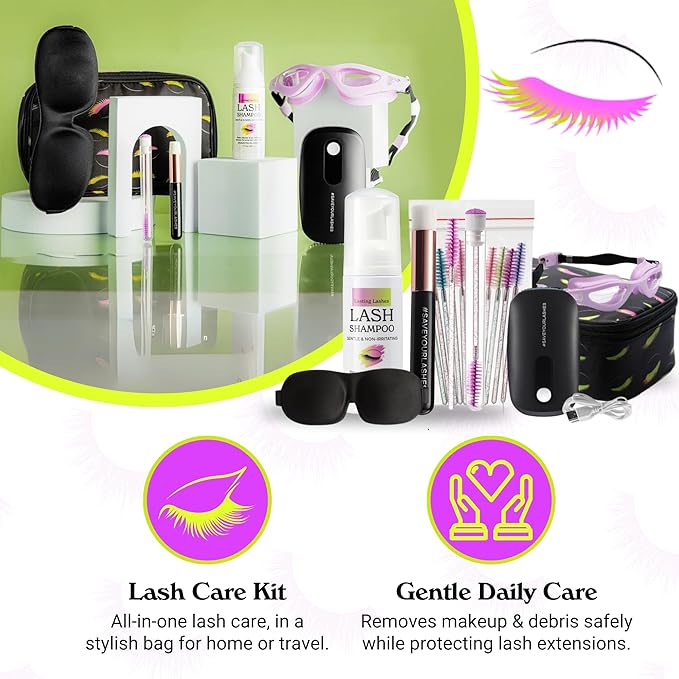 Lash Extension Care Kit | Lash Cleaning Kit | Lash Extension Supplies | Lash Shampoo Kit | Eyelash Sleeping Mask for Extensions | Lash Fan | Lash Bath Kit | Eyelash Shampoo