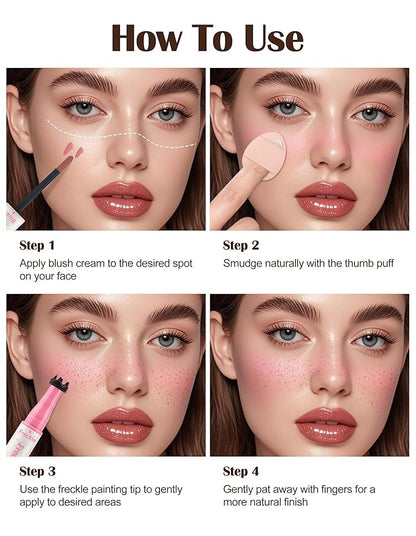 Freckle Pen and Liquid Blush Makeup Set, Freckle Stamp, Freckle Blush Liquid Pencil with Powder Puff, Freckles Tattoo, Waterproof Quick Dry Long Lasting, Natural Sun-kiss Face Makeup #01