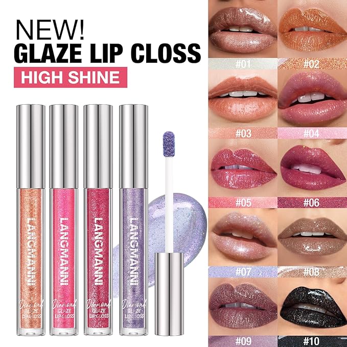LANGMANNI 10 Colors Diamond Glitter Lip Gloss Set,Long Lasting High Shine Shimmer Liquid Lipstick Set,Hydrating,Moisturizing Lip Gloss Kit Gift Makeup For Girls